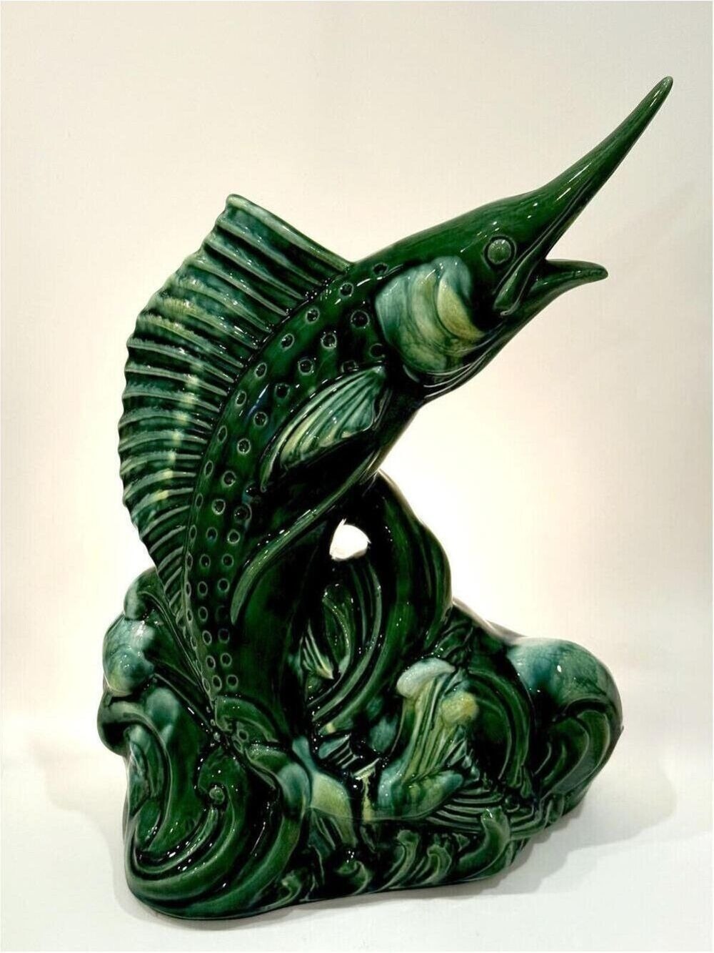 Vintage 14 inches Green Ceramic Sailfish Marlin TV Lamp Mid Century Figurine